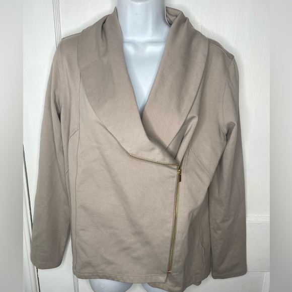 IMAN NWT Tan Global Chic Perfect Ponte Draped Beige Asymmetrical Jacket - Picture 2 of 9